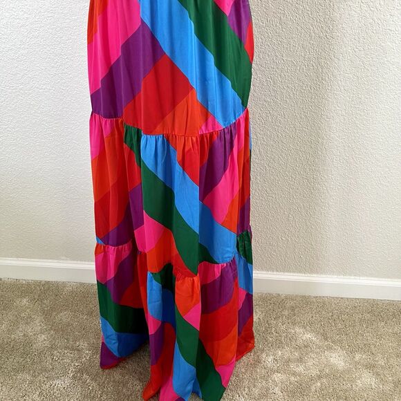 Skies are Blue Iliana Tiered Pink Colorful Maxi Dress Size Small Puffy Sleeve - Picture 3 of 16